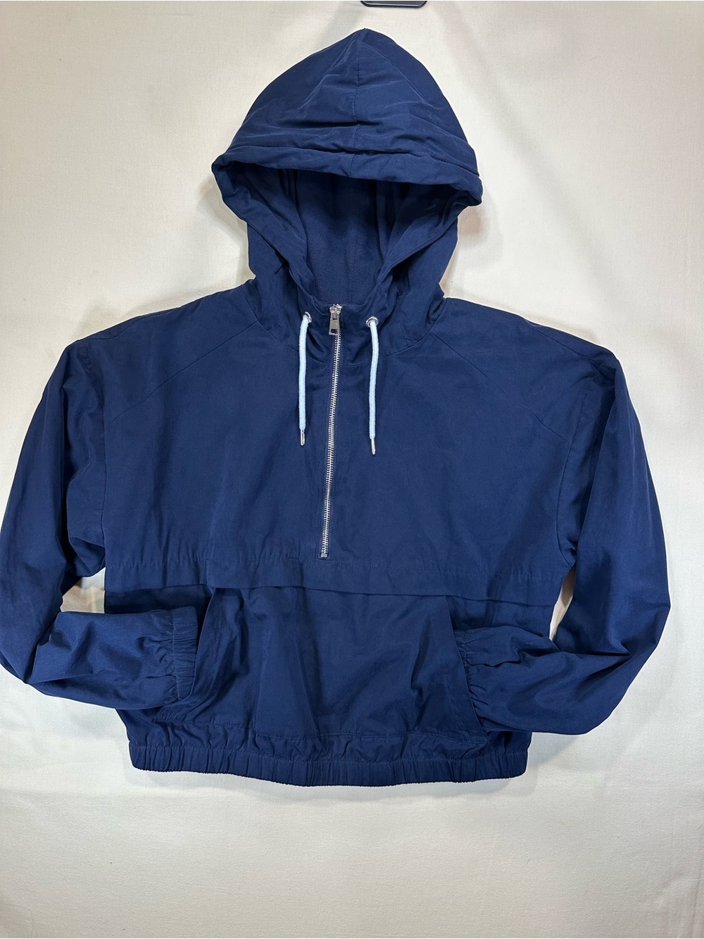 Forever 21 Navy Half Zip Blue Hooded Anorak Cropped Windbreaker Jacket EUC